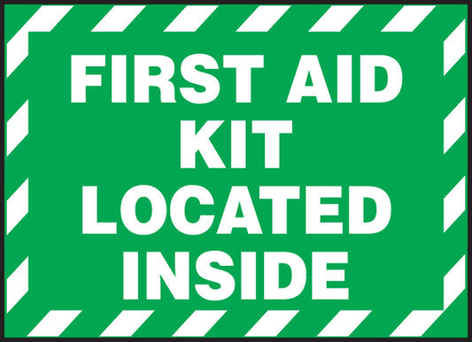 Safety Label - FIRST AID KIT LOCATED INSIDE - 3.5" x 5" - Adhesive Dura-Poly