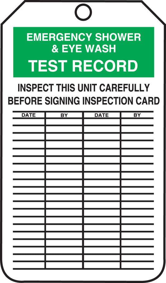 Inspection Tag - EMERGENCY SHOWER & EYE WASH TEST RECORD - 5-3/4" x 3-1/4" - 25/PK