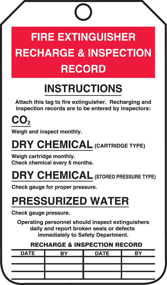 Fire Extinguisher Tag - RECHARGE & INSPECTION RECORD - 5-3/4" x 3-1/4" - 25/PK
