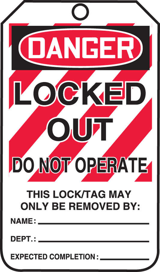 Safety tag with 'DANGER LOCKED OUT DO NOT OPERATE' warning on a white background