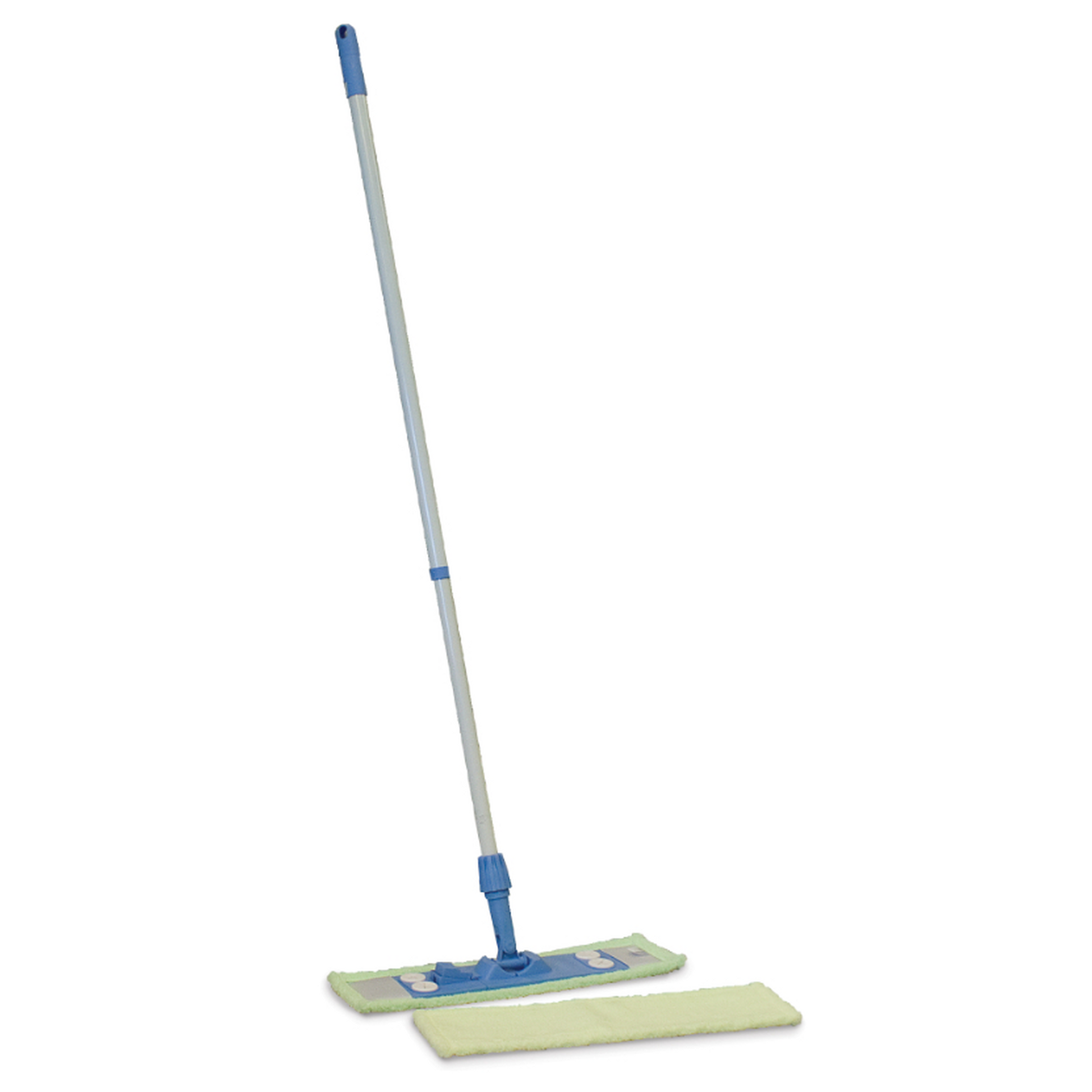 Flat mop with green pad and blue handle on a white background