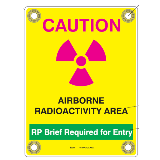 Warning sign indicating an airborne radioactivity area with a radiation symbol.