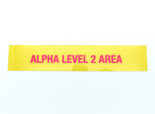 Yellow band with pink text 'ALPHA LEVEL 2 AREA' on a white background