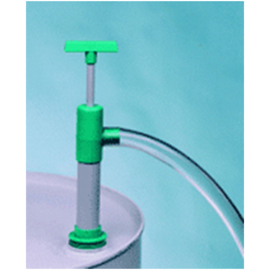 Green pump attached to a clear hose on a light blue background