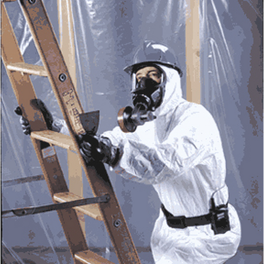 Person in a white protective suit and gas mask climbing a ladder.