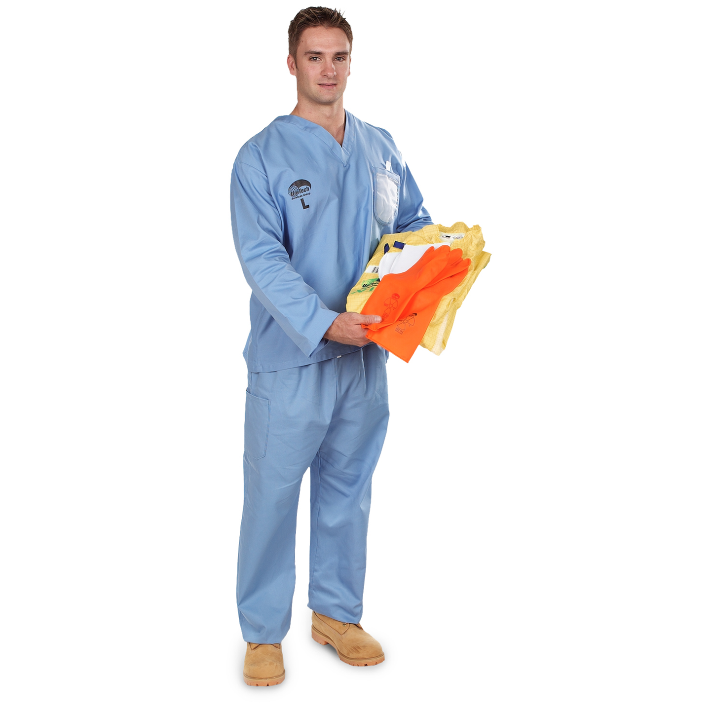 Man wearing a blue scrub uniform holding a colorful object on a white background