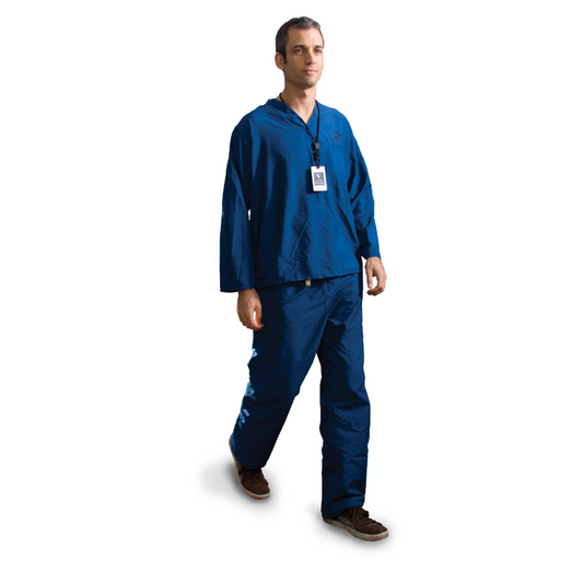 Man wearing a blue scrub set on a white background