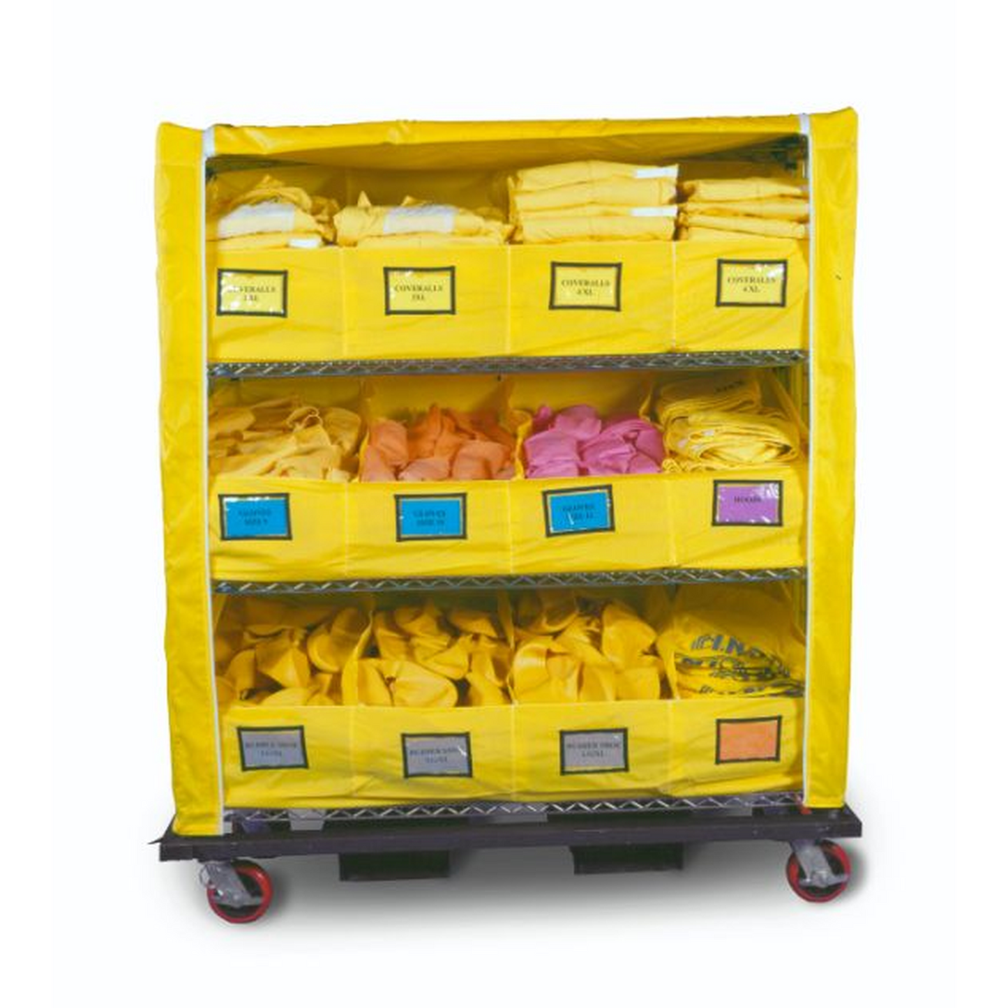 Yellow storage cart with multiple compartments containing various colored bags on a white background