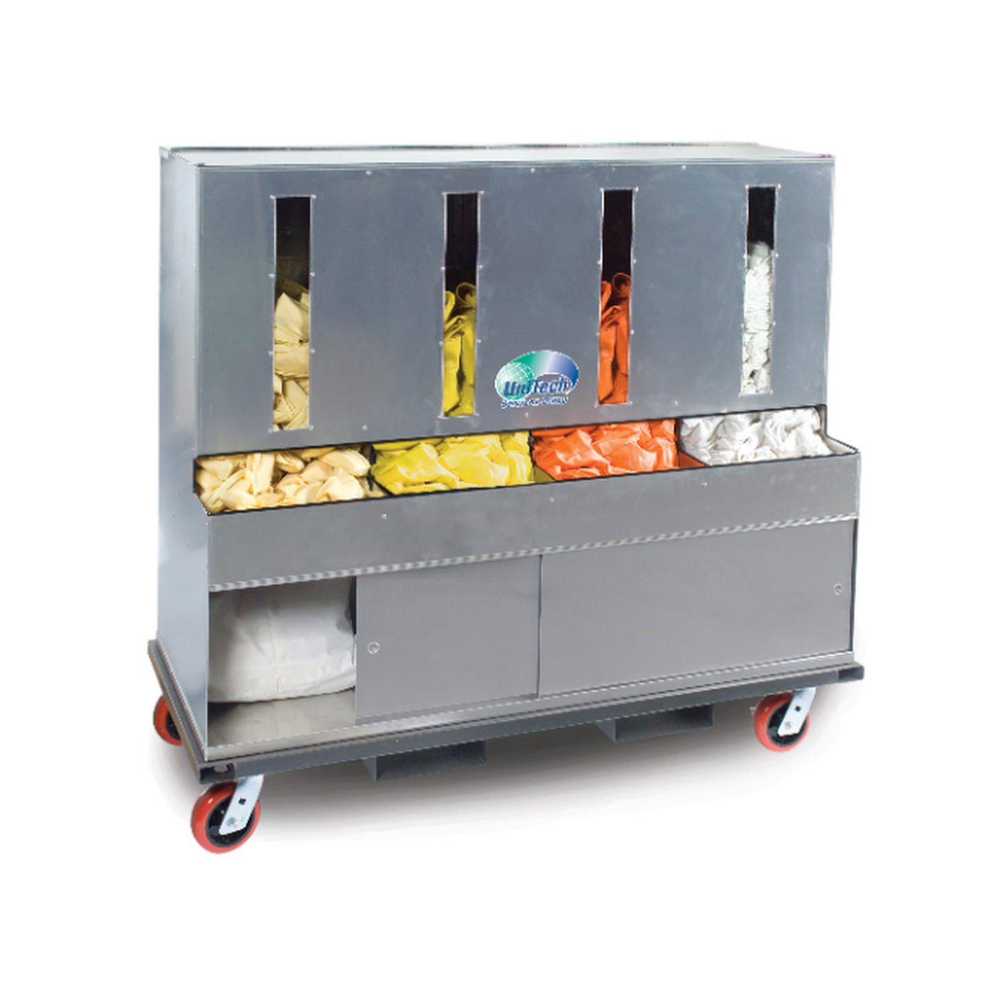 Gray cart with compartments filled with various safety items on a white background