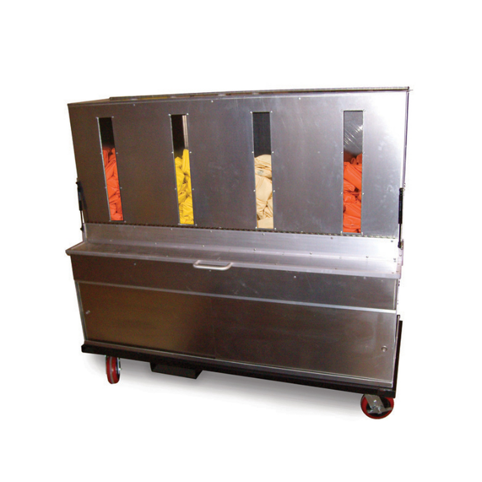 Metallic storage bin with wheels on a white background