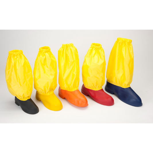 Five colorful shoe covers in black, yellow, orange, red, and purple on a blue background