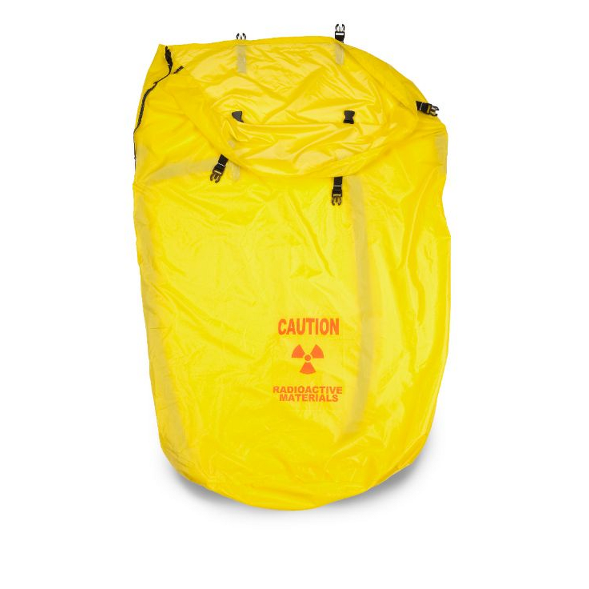 Yellow bag with radioactive materials warning on a white background