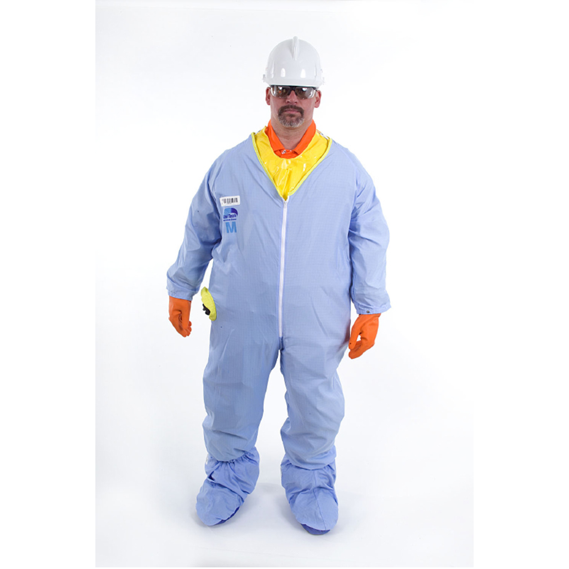 Person wearing a blue protective suit with a white helmet and orange gloves on a white background