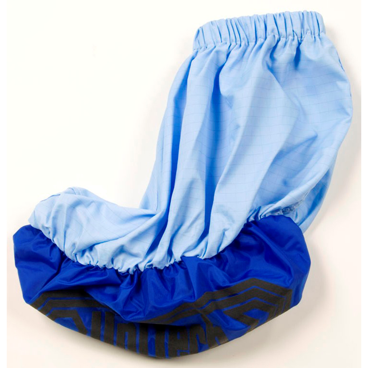 Blue and black shoe covers on a white background