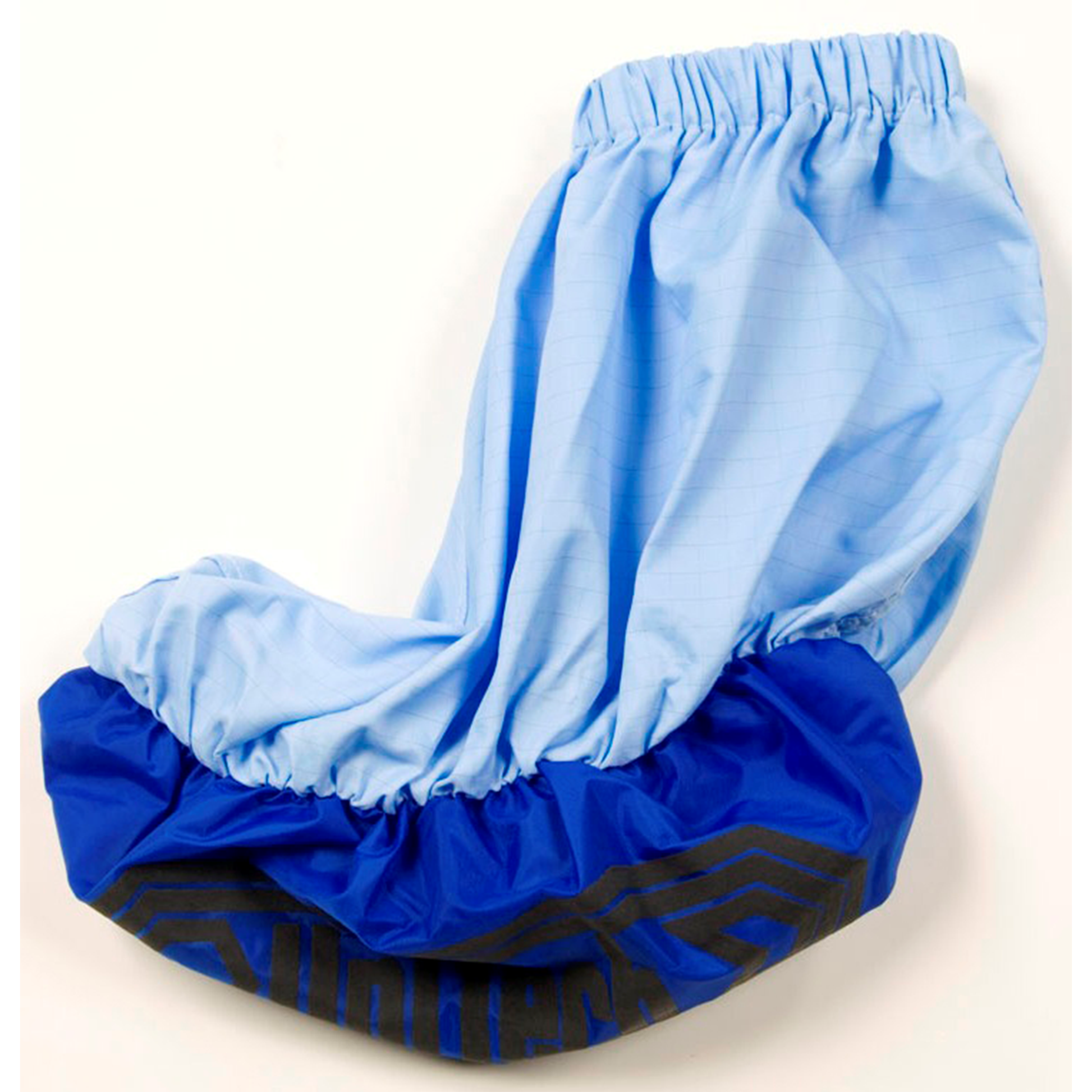 Blue and black shoe covers on a white background