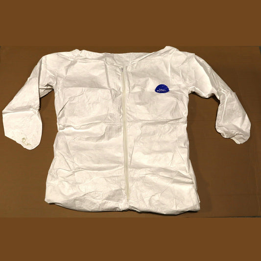 White protective jacket with a blue label on a brown background