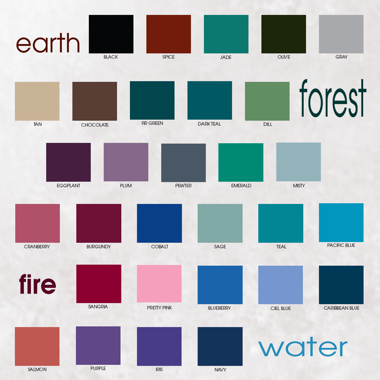 Color swatches categorized under 'earth', 'forest', 'fire', and 'water' on a beige background.