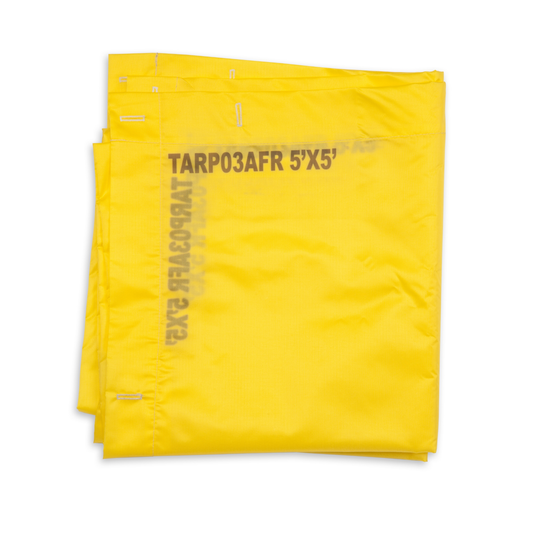 Yellow tarps with text on a white background