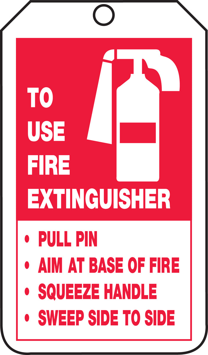 Sign instructing how to use a fire extinguisher with a red background and white text.