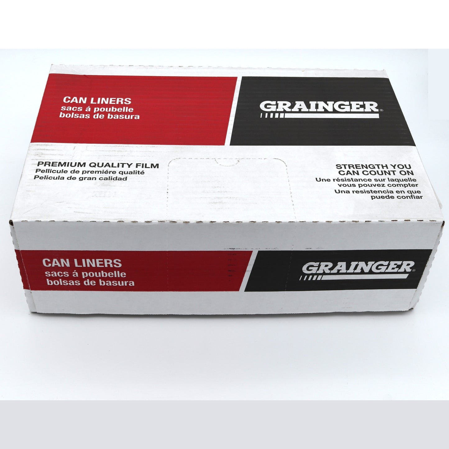 Box of Grainger can liners with red, black, and white design on a white background