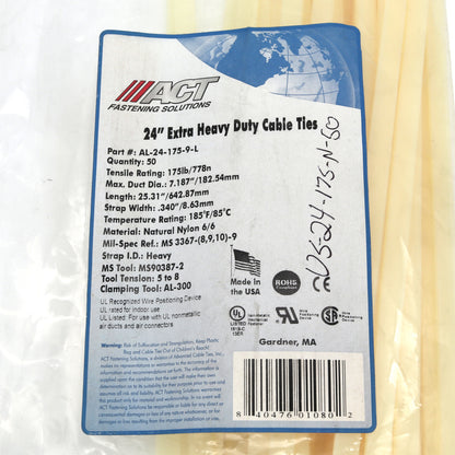 24in Cable Tie - Natural Color - 175lb Tensile Strength