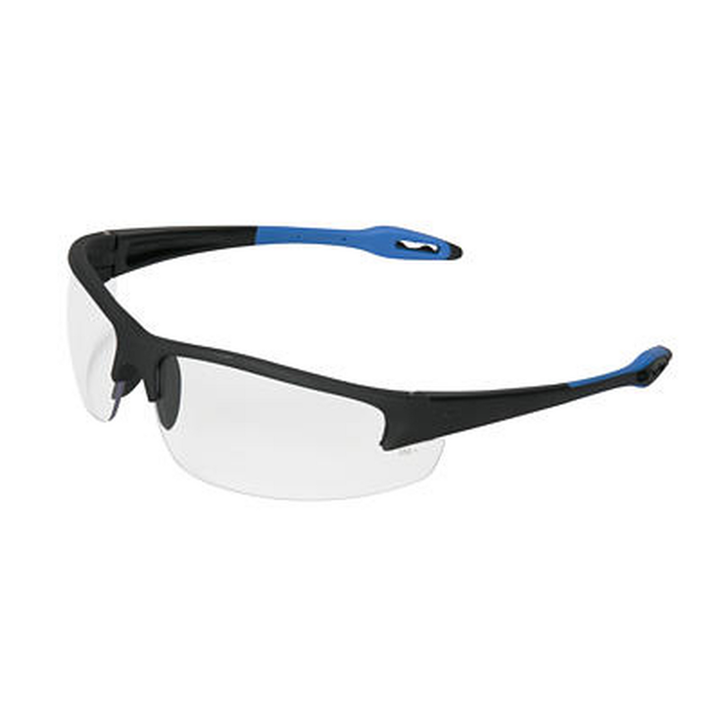 Safety glasses with black and blue frame on a white background