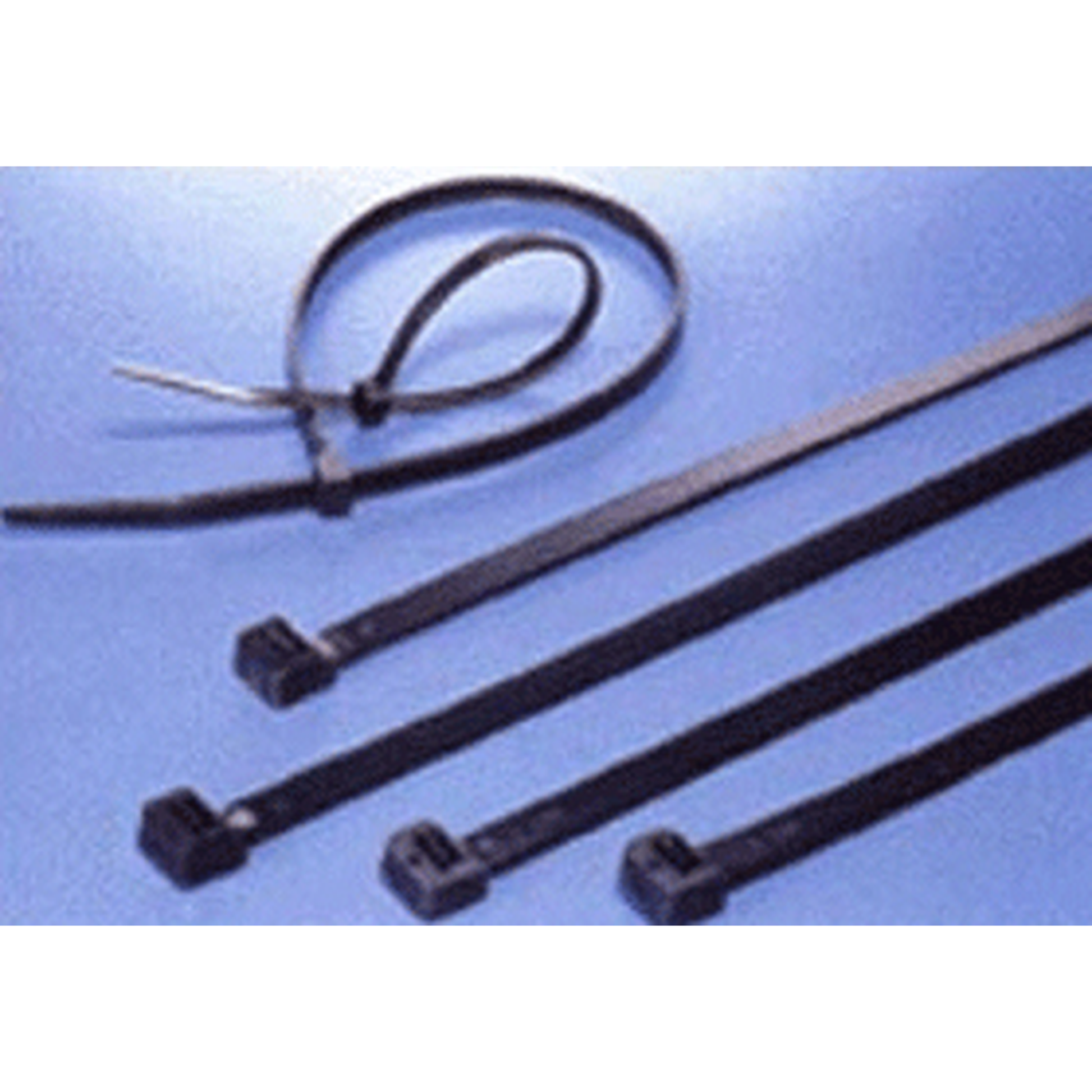 Black cable ties on a blue background