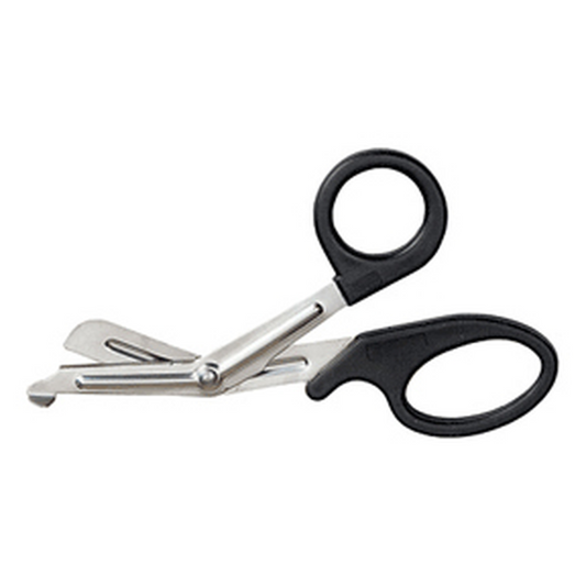 Pair of scissors with black handles on a white background