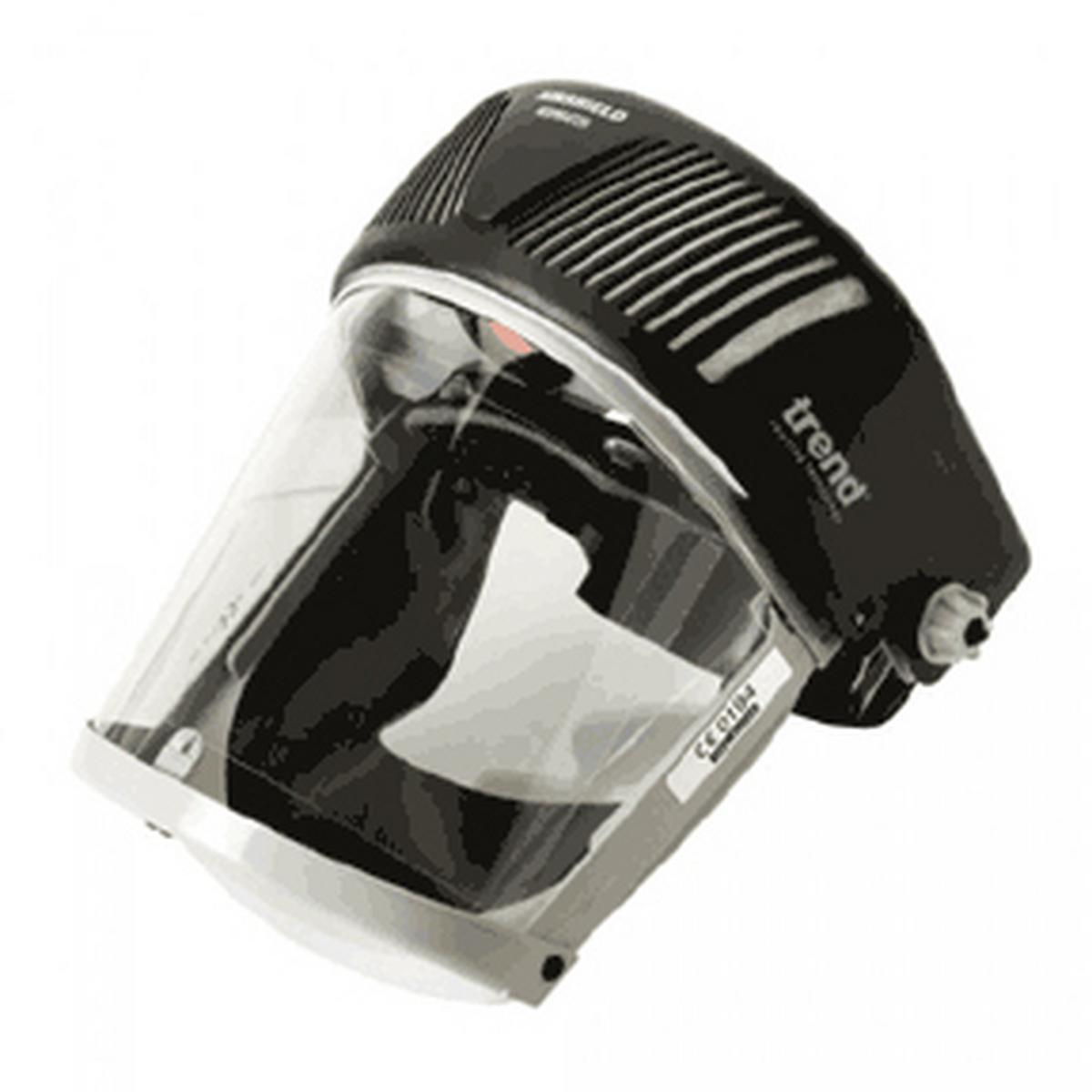 Black and clear face shield with 'trend' branding on a white background
