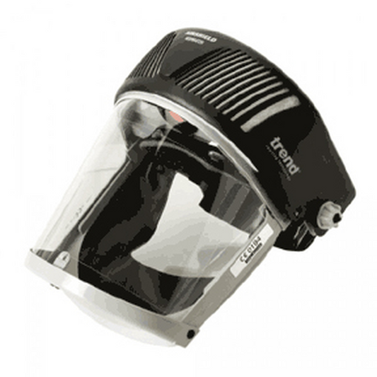 Black and clear face shield with 'trend' branding on a white background