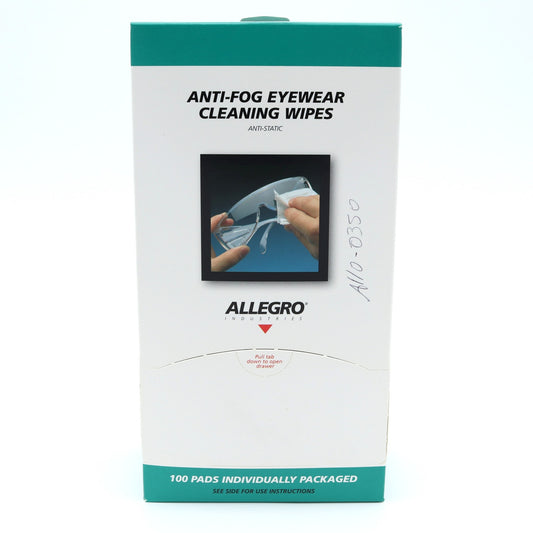 Box of Allegro anti-fog eyewear cleaning wipes on a white background