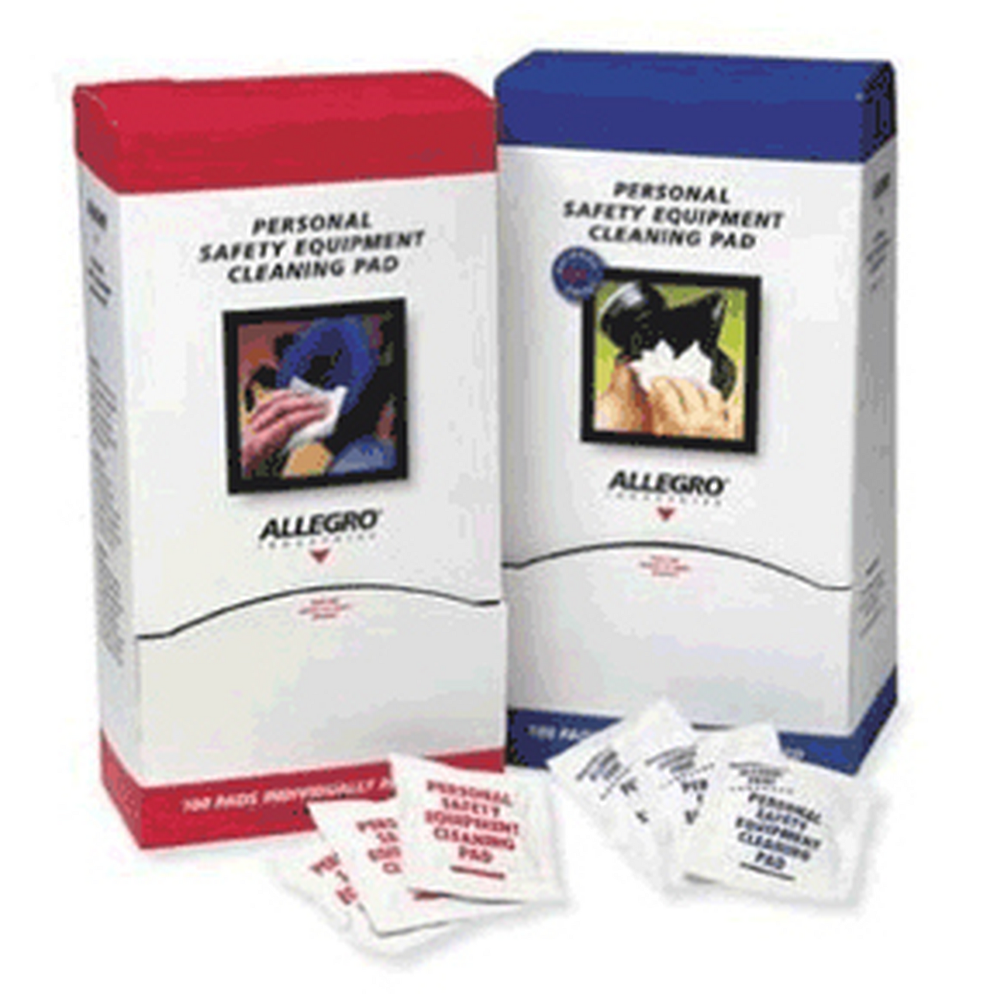 Two boxes of Allegro personal safety equipment cleaning pads on a white background