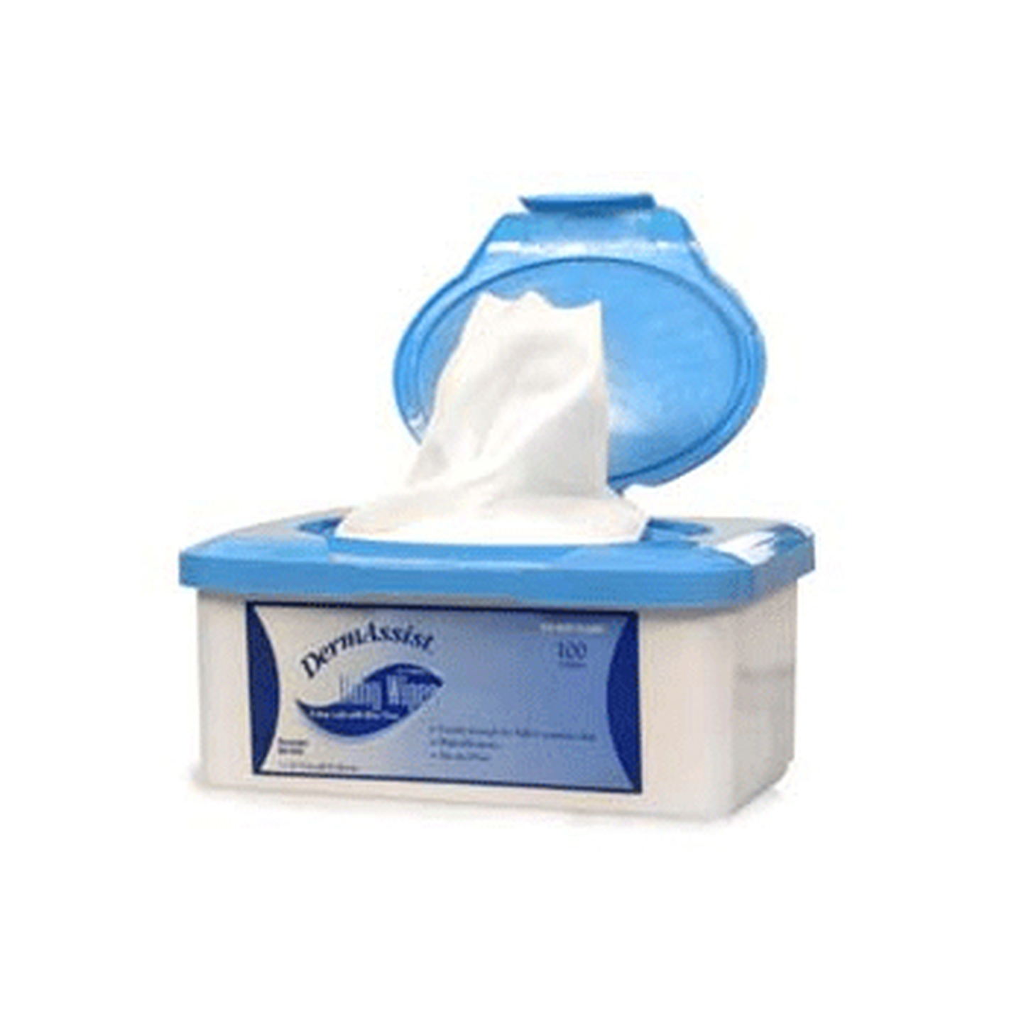 DermAssist tissue box with tissues pulled out on a white background