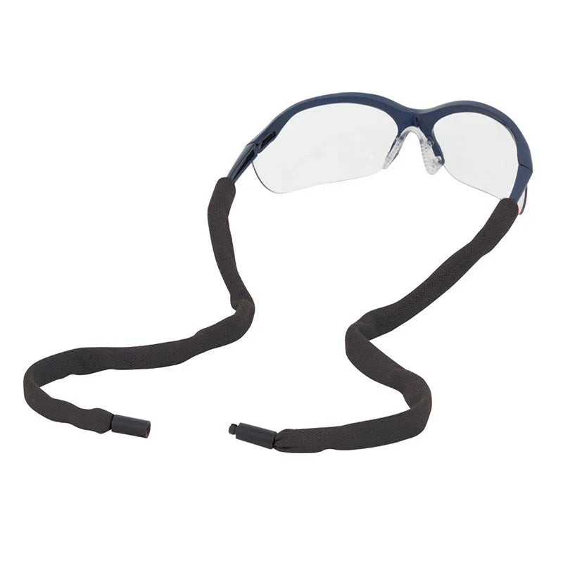 Sunglasses with a black strap on a white background