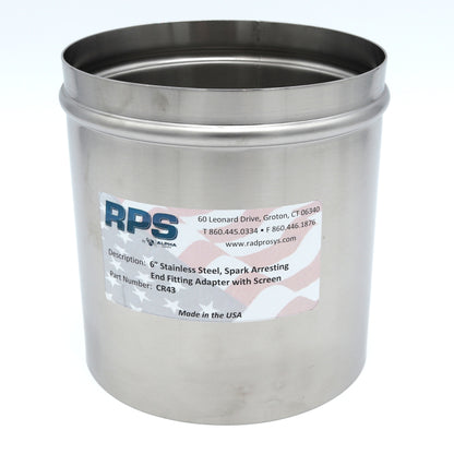 Stainless steel spark arresting end fitting adapter with RPS label on a white background