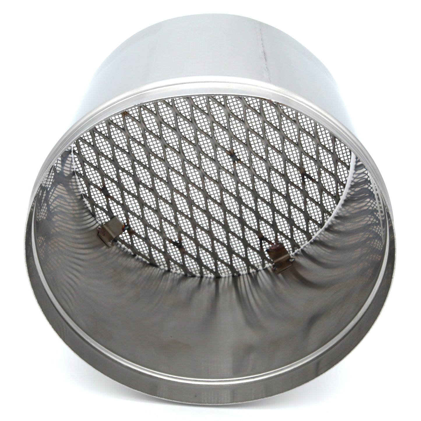 Round metal filter with mesh on a white background