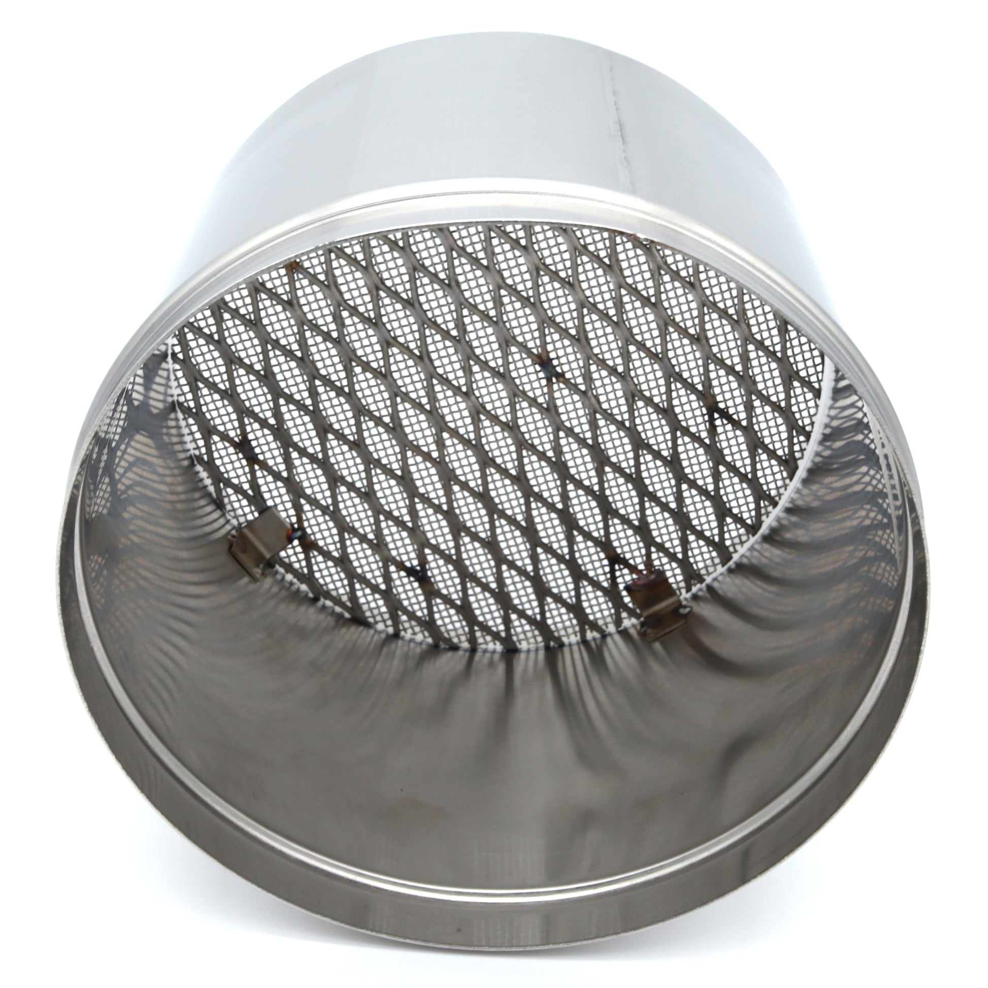Round metal filter with mesh on a white background