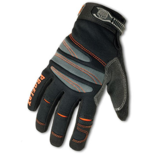 Black and gray glove with orange accents on a white background