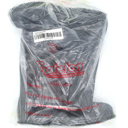 Black boot in clear plastic packaging with a brand label on a white background