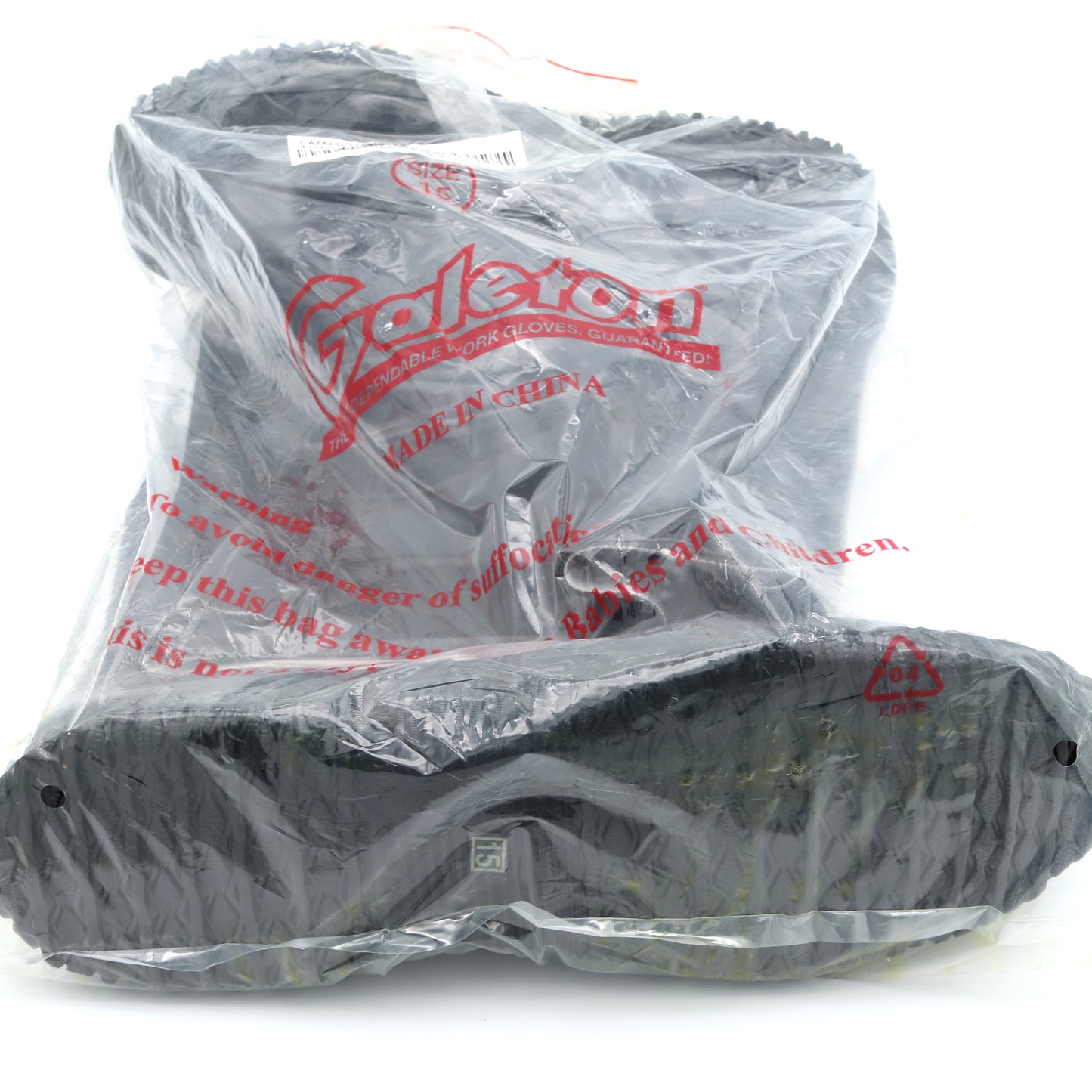 Pair of black shoes in a clear plastic bag with 'Galeton' branding on a white background
