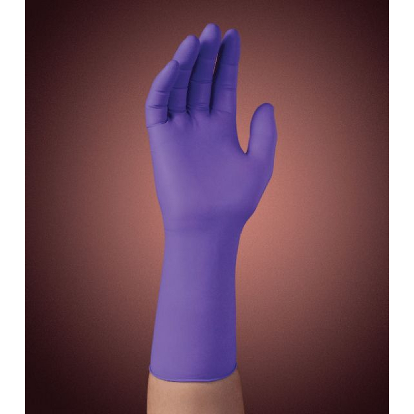 Purple glove on a hand against a brown background