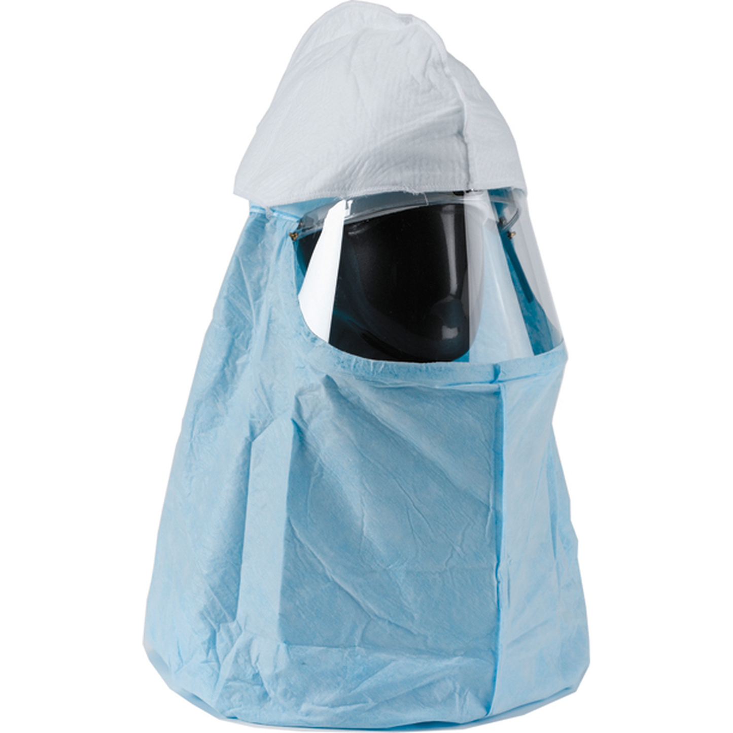 Blue protective hood with a face shield on a white background