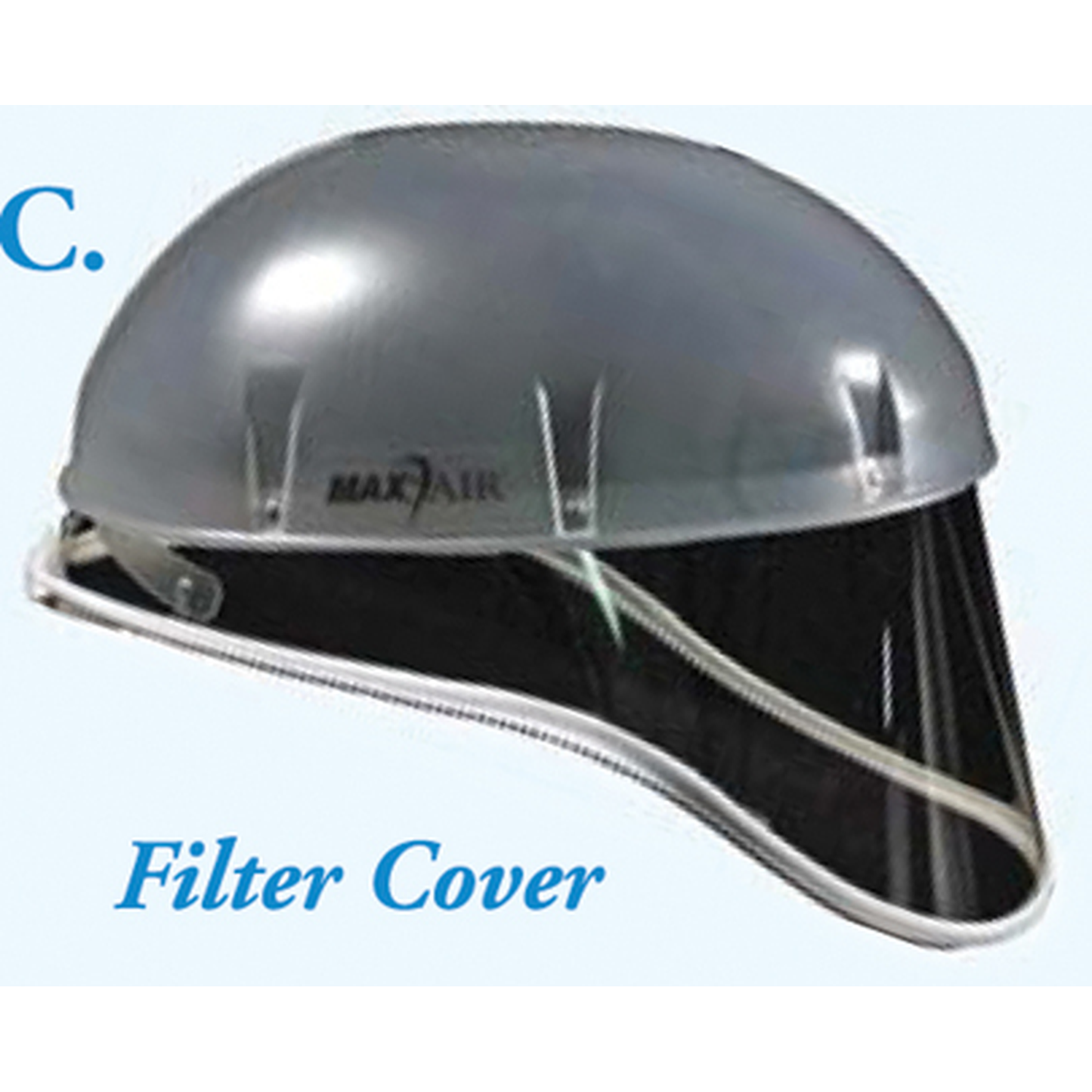 Filter cover with 'MAXAIR' branding on a light blue background