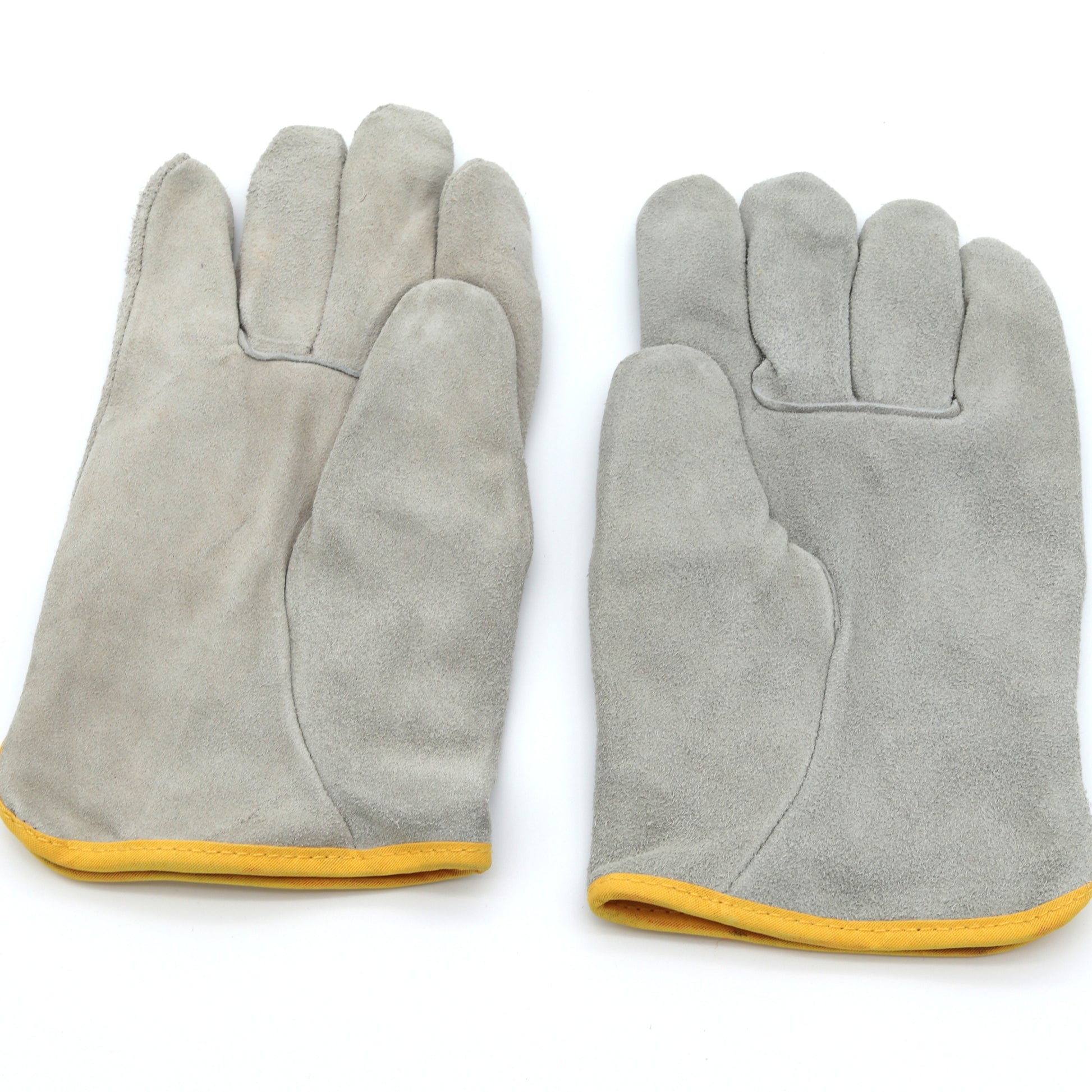 Pair of gray gloves with yellow cuffs on a white background