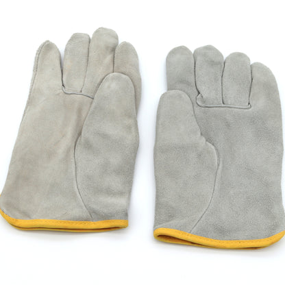 Pair of gray gloves with yellow cuffs on a white background