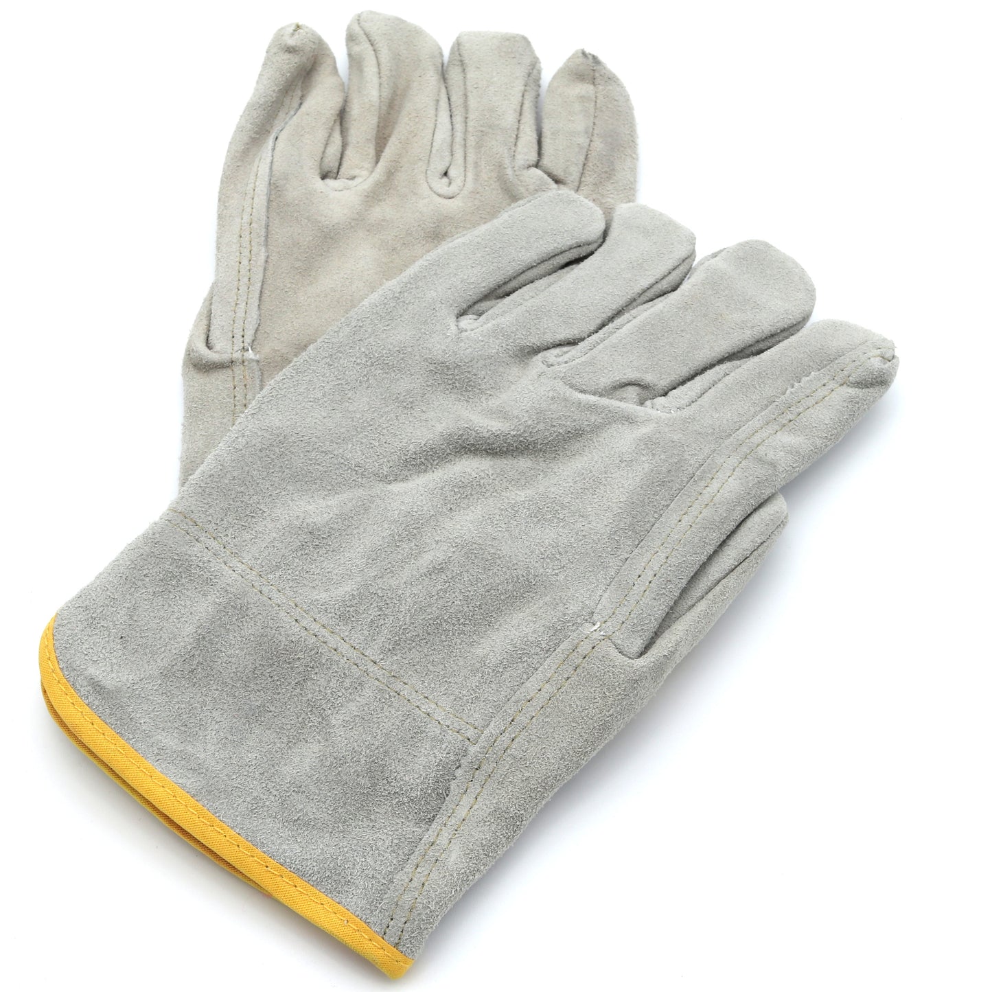 Pair of gray gloves with yellow accents on a white background