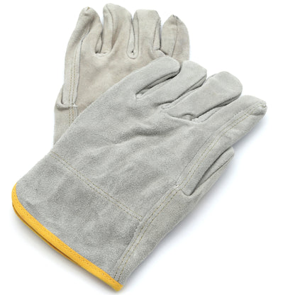 Pair of gray gloves with yellow accents on a white background