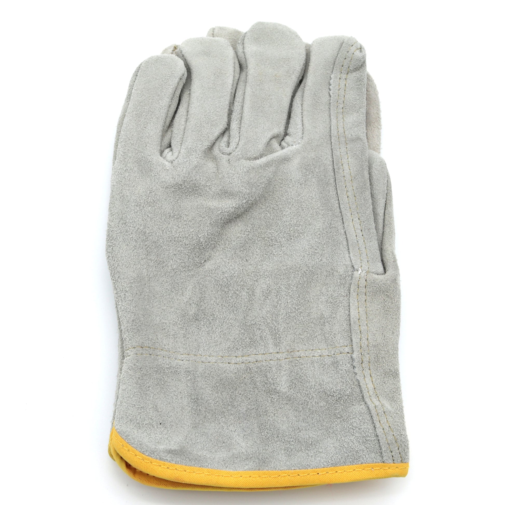 Gray work glove with yellow trim on a white background