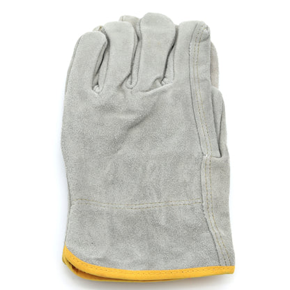 Gray work glove with yellow trim on a white background
