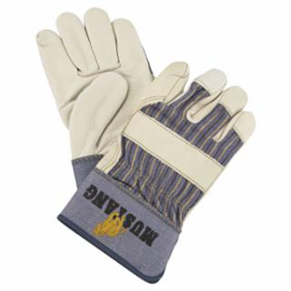 Pair of gloves with blue and gray design on a white background